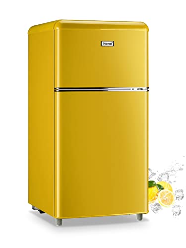 WANAI Compact Refrigerator 3.5 Cu.Ft Retro Mini Fridge with Freezer Dual Door Small Refrigerator with Adjustable Temperature，LED Lights, Removable Shelves, Mini Refrigerator for Dorm, Office, Bedroom