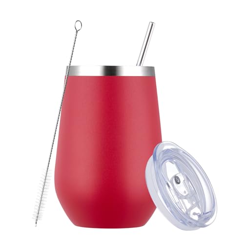 MEWAY 12oz Stainless Steel Wine Tumbler with Lid and Straw - Doub...