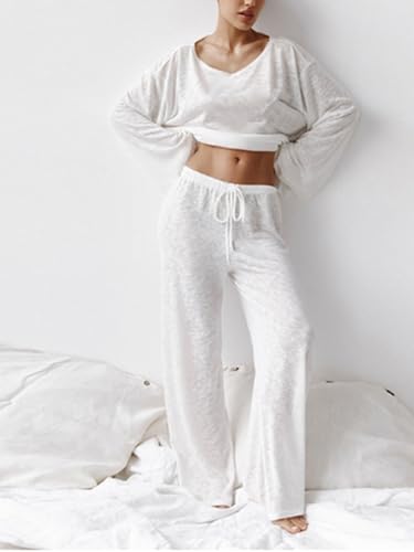 2 Piece Pajama for Women Long Sleeve Button Down Top and Wide Leg Pants with Printed Design Matching Sets Nightwear