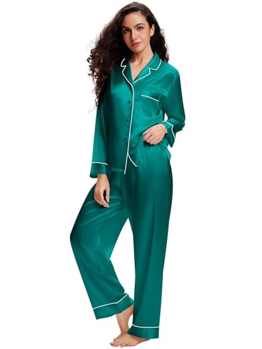 Lonxu Womens Silk Satin Pajamas Set Green L