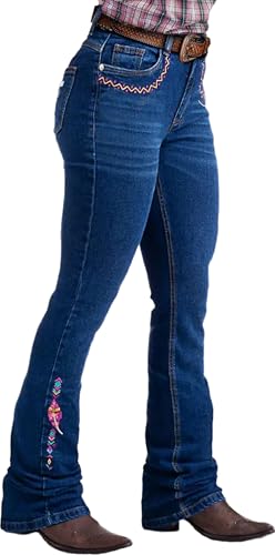 Huang's Women's Western Bootcut Jeans with Embroidered Details, Medium Wash Denim, Decorative Stitching