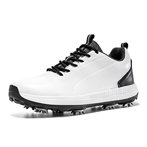 VEACAM Mens Golf Shoes Waterproof Golf Trainers Fashion Golfing Fitness Sneakers Casual Outdoor Spiked Walking Shoes,White,12