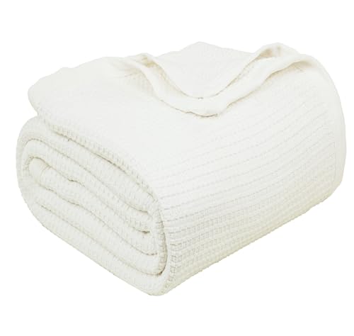 TreeWool 100% Cotton Queen Size Blanket for Bed - Waffle Weave Soft Breathable Cozy Comfortable and Lightweight (90x90 Inches, Ivory)