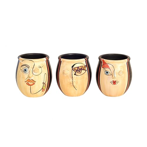 Image of Aakriti Art Creations Pizo Pots Hand Painted Set of 3 | Multicolor Terracotta Flower Vases | Matte Finish Modern Art Decorative Pots for Living Room, Table Decor & Gifting