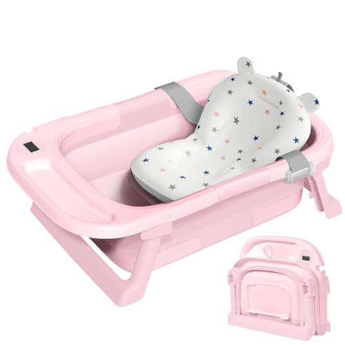 Image of Collapsible Baby Bathtub,Baby Bath Tub with Thermometer & Soft Cushion,Baby Bathtub for Newborn to Toddler 0-36 Months,Portable Travel Baby Tub with No-Slip Feet,Baby Shower Gifts,Pure Pink
