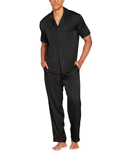 Ekouaer Men Satin Silk Pajamas Set 2 Piece Button Down Sleepwear Long Pants Loungewear with Pockets