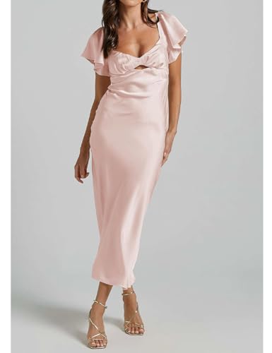 Image of Summer Satin Flutter Sleeve Wedding Guest Dresses for Women Sweetheart Neckline Cutout Tie Back Midi Cocktail Dress