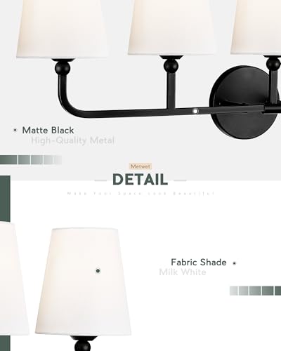 Image of Bathroom Light Fixtures, 5 Light Matte Black Vanity Lights with Flared White Fabric Shade, 35 Inch Wall Sconce, Modern Sconces Wall Lighting for Hallway Bedroom, VL837-MB-5