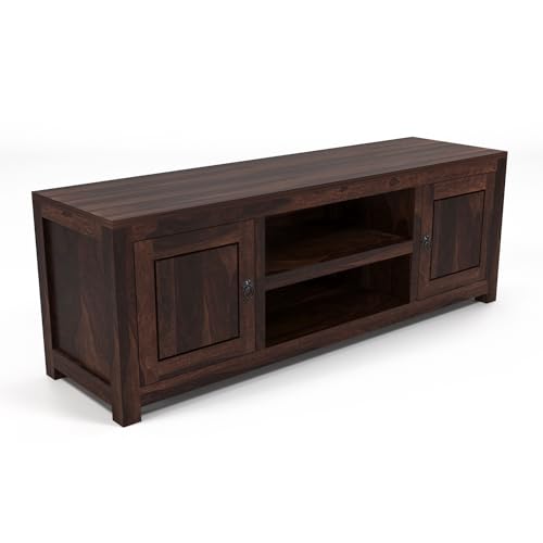 Image of Solid Sheesham Wood Entertainment TV Unit with 2 Door | Rosewood Tv Stand /TV Cabinet for Living Room | Bedroom | Wooden TV Panel with Shelf Stoarge | TV Table (Walnut)