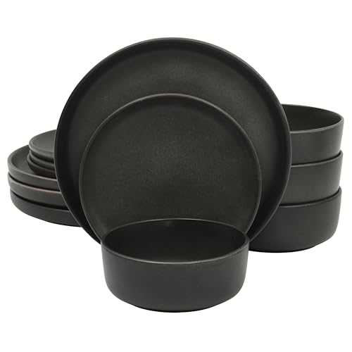 Image of Gibson Elite Pasco 12 Piece (Service for 4) Plates and Bowls Reactive Glaze Dishes Stoneware Ceramic Dinnerware Set - Black