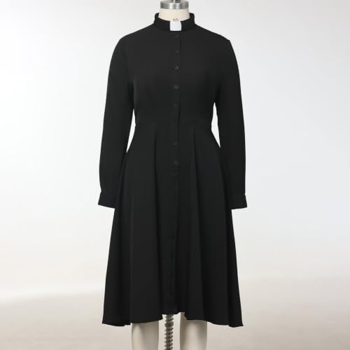 Image of FAD-4U Church Clergy Dress for Women Long Sleeve Rows Buttons A Line Dress with Tab Collar