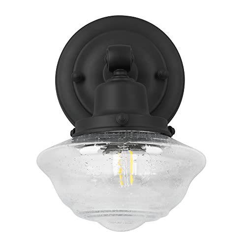 Image of Design House Vintage-Inspired Schoolhouse Wall Sconce, 6.625 in x 7.625 in x 9.5 in, Matte Black, Clear Seeded Glass Shade, 589127-BLK | Dimmable, Wall Mount, Classic, Steel, Lighting, 589127-BLK