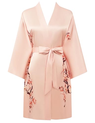Image of BABEYOND Kimono Robe Cover up Short Satin Floral Silky Kimono Blouse Loose Bachelorette Party Robe