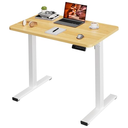 Image of One-Piece Standing Desk 40 x 24 Inches, Small Adjustable Height Desk for Small Space Electric Sit Stand Desks Home Office Computer Workstation, Maple