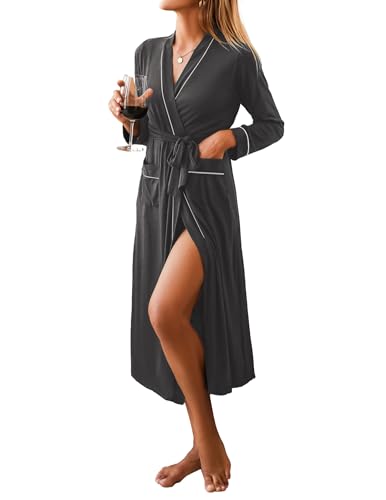Image of Ekouaer Women Kimono Robes Full Length Knit Bathrobe Lightweight Soft Sleepwear V-neck Casual Ladies Loungewear S-XXL