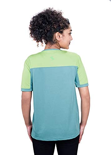 Image of Uhane Women's Gym Dri-Fit Work-Out Round Neck Loose Fit Straight-Cut Long Back T-Shirt (Ocean Blue /Lime Green) Short Sleeves Multi-Coloured Top for Sports and Fitness