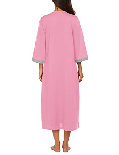 Image of Ekouaer Women Zipper Robe 3 /4 Sleeves Loungewear Dress Full Length Sleepwear Pockets Housecoat Nightgown Long Bathrobe