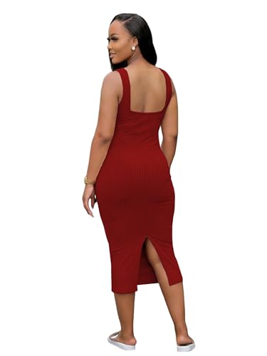 Image of TOPSRANI Women Sexy Midi Dress Bodycon Casual Sleeveless Basic Ruched Tank Summer Club Party Dresses