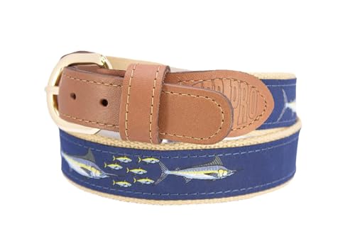 ZEP-PRO Marlin Men's Woven Ribbon Belt – Repeating Game Fish Ribbon With Tan Full Grain Leather Tabs – 1.25" Wide Outdoor Lifestyle Accessory, Size 302