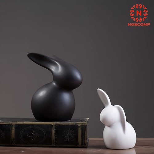 Image of NOSCOMP Modern Sitting Ceramic Rabbit Figurines for Home, Office, and Easter Decor | Set of 2 Minimalist Black and White Bunny Sculptures.