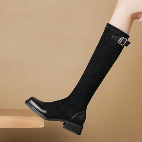 Women’s Knee High Stretch Boots Comfortable Low Heels Faux Suede Slip on Square Toe Tall Shaft Boot2