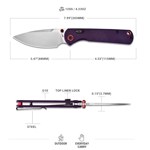 Image of CJRB Latitude Folding Pocket Knife, 3.47'' AR-RPM9 Steel Blade G10 Handle EDC Knife with Top Liner Lock for Camping Survival Hiking, Purple (J1975)
