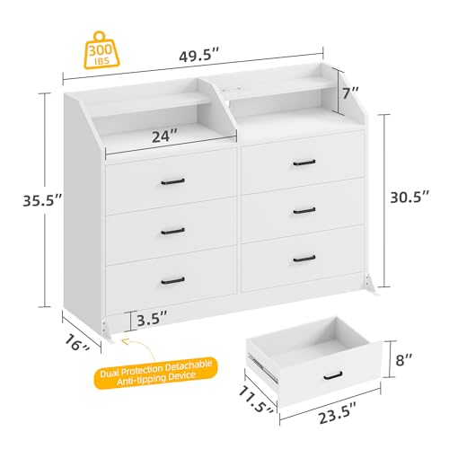 DWVO 6 Drawer Dresser for or Closet, Living Room, Entryway, Hallway, LED Light and Charging Station, Wide Drawer Organizer Cabinet for Office, Modern Chest of Drawers
