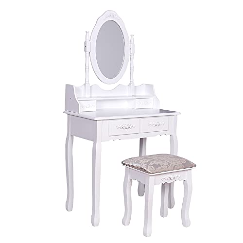 Feenice Tocador con espejo y taburete, tocador con 4 cajones y almacenamiento de joyas Cover