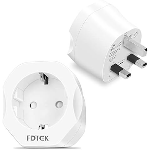 Plug Adapter 2 Pack, FDTEK European to UK Plug Adaptor, EU Schuko 2 Pin to 3 Pin Travel Adapter From France, Germany, Spain, Poland, Sweden, South Korea to UK-White Cover