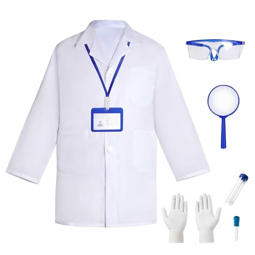 LEADSTAR Laborkittel für Kinder 7 PCS Wissenschaftler Kostüm Kinder Doktor Kostüm mit Mit Zubehör Weißer Labormantel Arztkittel Medizin Chemie für Jungen Mädchen Studenten Halloween (L)