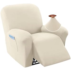 H.VERSAILTEX Stretch Recliner Covers Velvet 1-Piece Recliner Chair Slipcovers with Pockets Soft Furniture Protector for Recliner Couch Cover Anti-Slip Recliner Slipcover Highly Fitness, Bone White