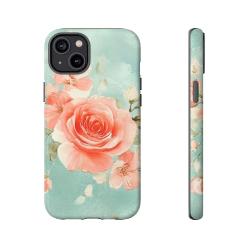 Coque iPhone 14 Plus rigide anti-rayures - Motif roses fond turquoise