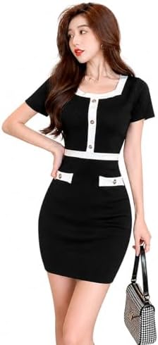 Women's Knit Dress, Korean Short Sleeve, Summer Tight Sexy Cheap Mini Cabaret Dress, Black and White