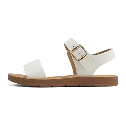 Soda PLENTY ~ Women's Strappy Ankle Wrap Buckle Fashion Flat Sandals (Off White Nubuck, US Footwear Size System, Adult, Women, Numeric, Medium, 11)