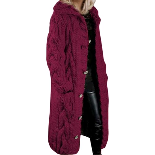 Womens Winter Knit Long Cardigan Sweater Casual Loose Button Down Hooded Cardigans with Pockets Warmth Oversized Coat