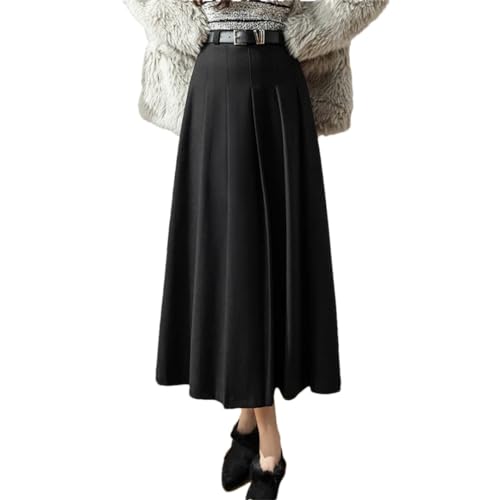 Faldas plisadas de lana para mujer, falda larga de cintura alta, Falda Negra, 48