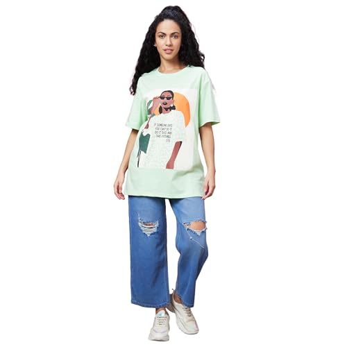 Image of Globus Women Ivory Typography Print Round Neck Oversized Casual T-Shirt-3638185004