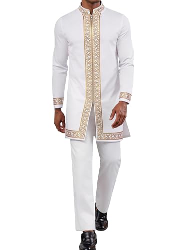Mens African 2 Piece Set, Nigerian Dashiki Shirt and Pants Outfit, Gold Print Metallic Traditional Suit for Wedding Party Vacation