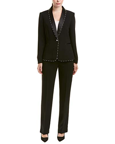 Tahari by ASL Shawl Collar One-Button Pearl Trimmed Besom Pocket Pants Suit Black 4
