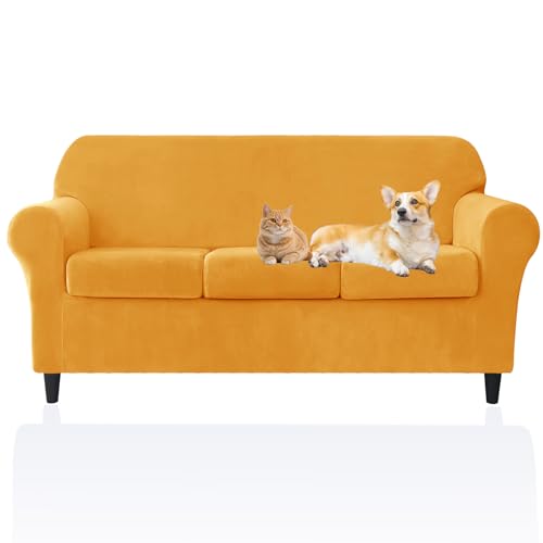 Deisy Dee Velvet Couch Covers - Stretch Soft Sofa Slipcovers for 3 Cushion Couch - Pet Friendly and Durable Fabric for Dogs and Pets - Elegant Protection for Your Living Room Furniture (Yellow)