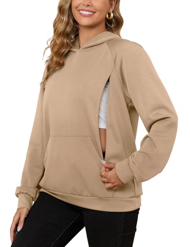 Image of Bhome Nursing Sweatshirt Hoodie for Breastfeeding with Hidden Zippers Maternity Breast Pumping Tops Kangaroo Pocket