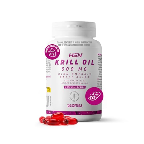 HSN Krill Oil 500mg | 120 Perlas | 1000mg Puro Aceite de Krill Antártico (Euphausia superba) por Dosis Diaria | Omega 3 (DHA, EPA) + Fosfolípidos + Astaxantina | No-GMO, Sin Gluten ni Lactosa