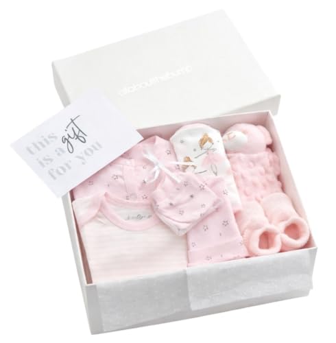 Image of Baby Girl Gift Hamper with Pink Comforter – Ballerina Newborn Baby Gift Box with Babygrow, Vest, Bib, Hat, Mittens & Booties – Baby Shower Gift Set (0-3 Months)
