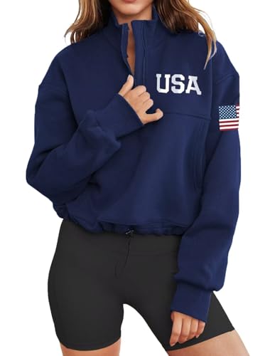 LEEDYA Womens Half Zip American Sweatshirts Quarter Zip Hoodies Long Sleeve Tops Fall Outfits 2025 Y2K Winter Clothes Blue S