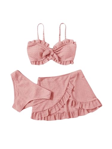 Image of SHENHE Girl's 3 Piece Cute High Waisted Ruffle Trim Swimsuit Bikini Sets with Beach Skirt