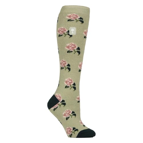 HEAT HOLDERS Womens Wellington Boots Socks Lite | Floral Theme Thermal Socks (5-9, Roses/Sage)