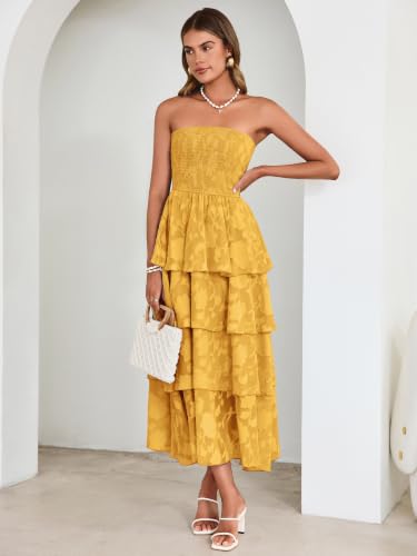 Image of Simplee Womens Summer Strapless Maxi Dress 2026 Boho Floral Off Shoulder Wedding Guest Dresses Tiered Beach Long Sundress