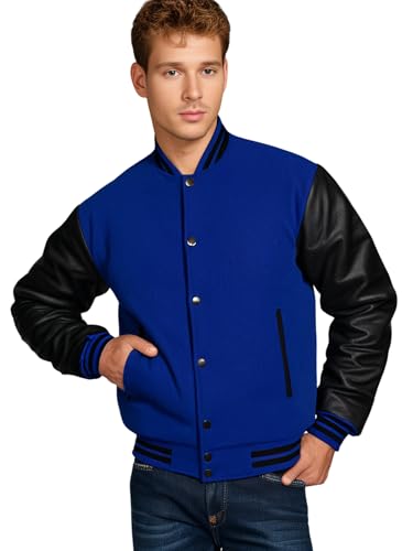 Image of Deckra Men's Varsity Jacket Genuine Leather Sleeve and Wool Blend Letterman Boys College Varsity Jackets XS-5XL