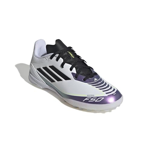 adidas Tênis infantil unissex F50 League Messi Turf, Branco/preto/roxo unidade, 6 Big Kid