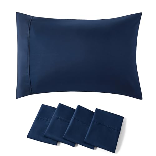Bedsure Queen Pillow Cases Set of 4 - Navy Brushed Microfiber Pillowcases 4 Pack, Super Soft Pillowcase, Pillow Case Covers with Envelope Closure, Wrinkle, Fade and Stain Resistant, 20x30 Inches